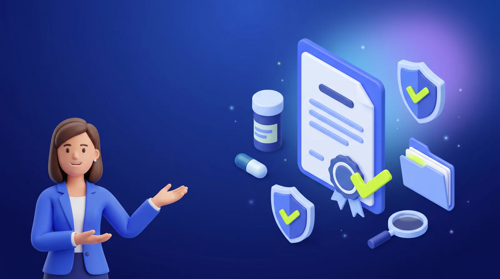 Ilustración 3D de una asesora junto a un certificado de registro sanitario aprobado con sello y check