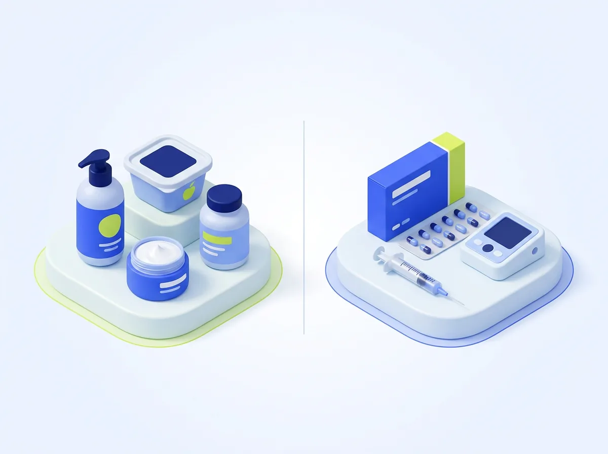 Dos plataformas isométricas: a un lado cosméticos, crema, alimento y suplemento; al otro caja de medicamento, blíster, jeringa y monitor médico